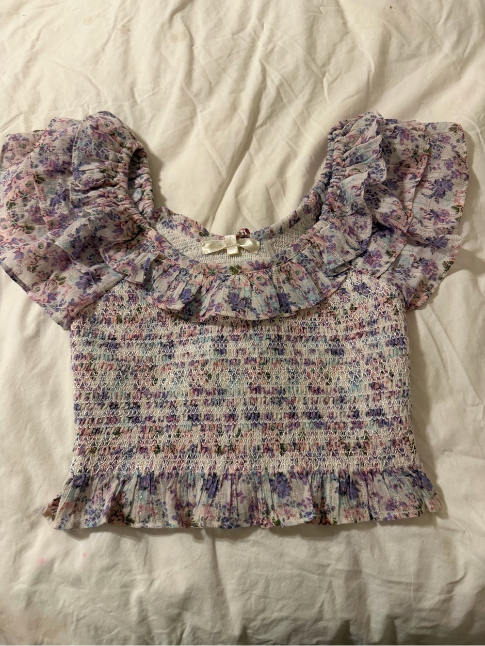 LoveShackFancy Lavender Floral Smocked Ruffle Crop Top